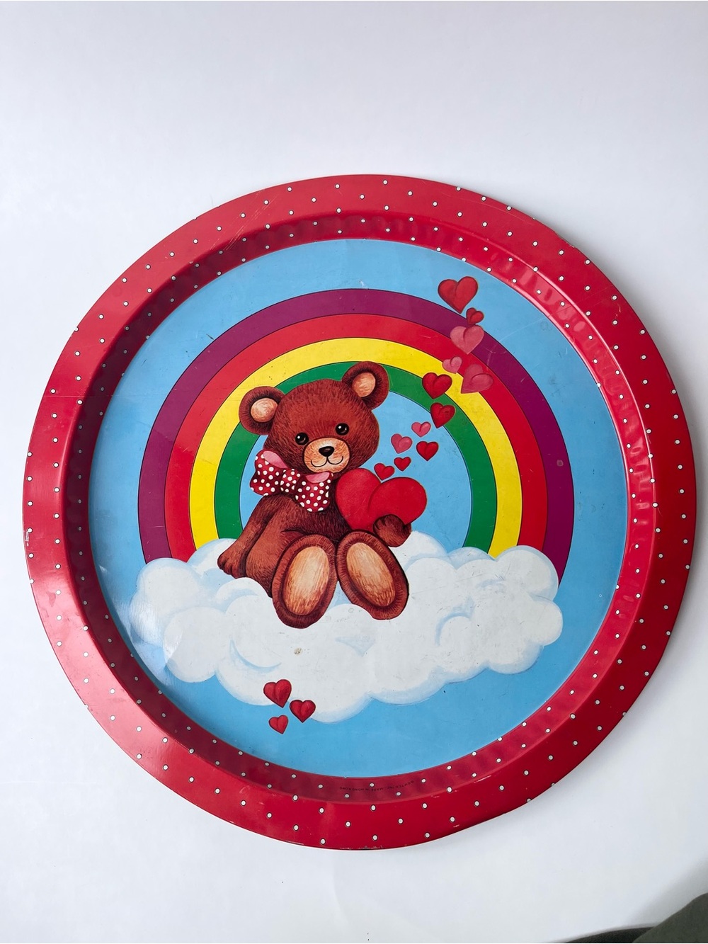 Giftco Tin Tray Teddy Bear Rainbow Hearts Rolling Serving Hong Kong 1980's Vtg